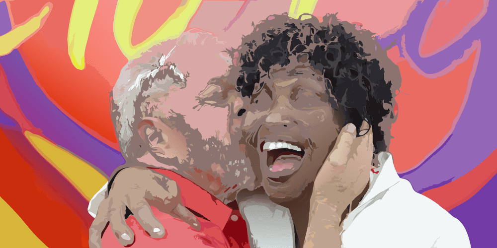 O abraço do Lula com a Bené vetorizado — traço chapado, fundo colorido, proporção 2:1. É o ativo mais pedido da casa para montar arte rápida.