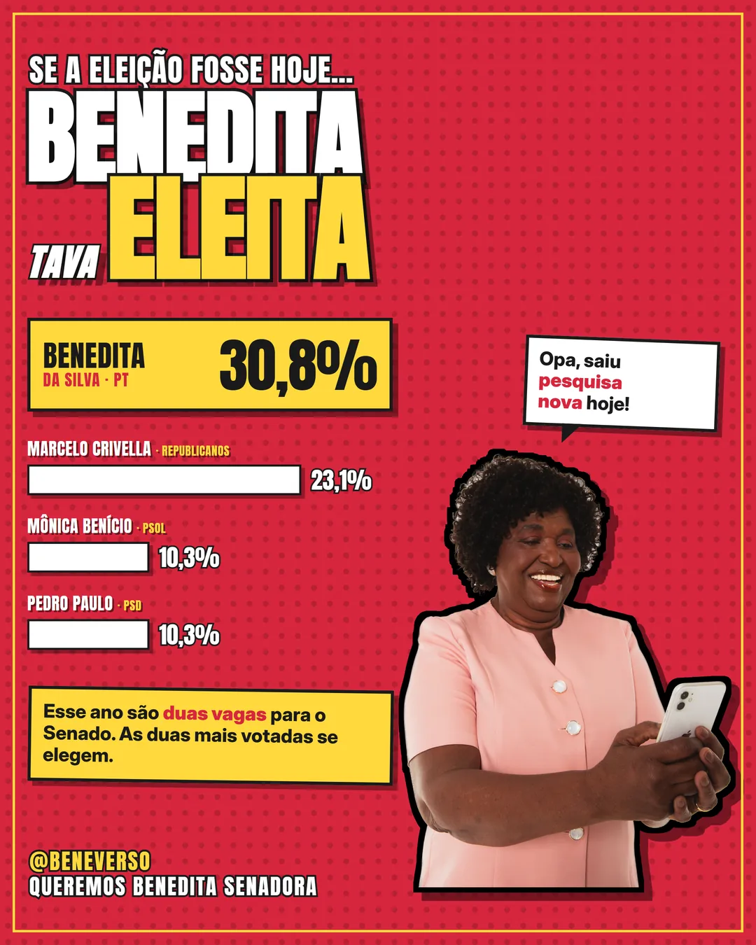 Card 5: Variação B — “Benedita tava eleita” gigante